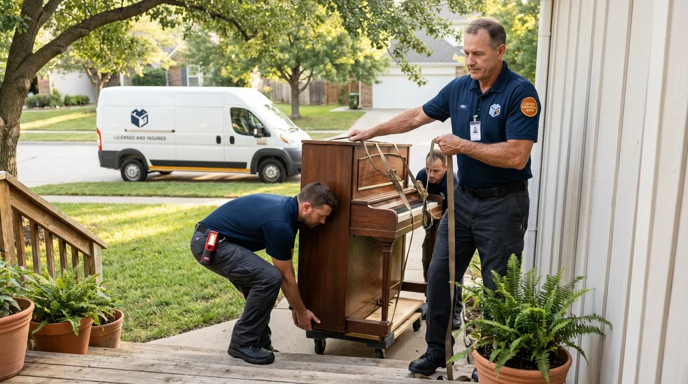 Licensed piano movers securing grand piano in Milford, DE