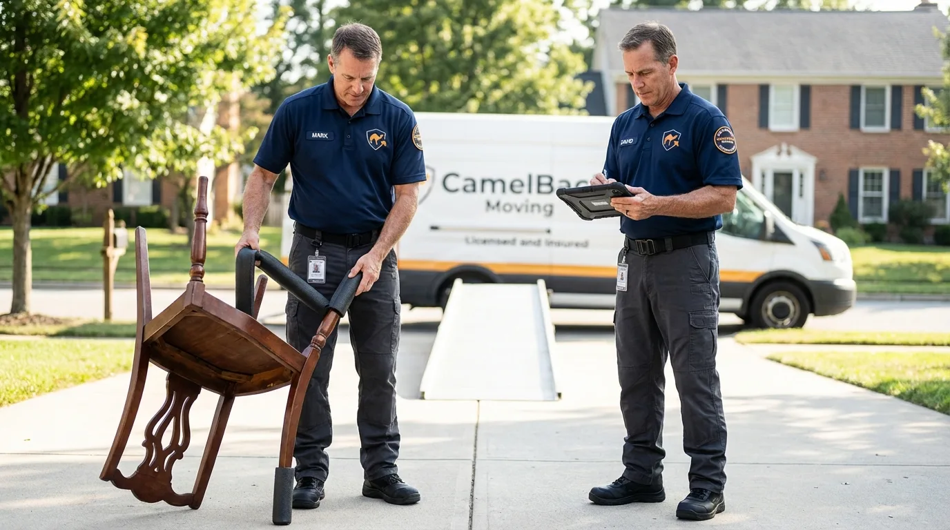 Movers inspecting furniture for damage prevention before loading in Milford, DE