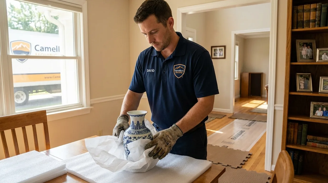 Professional crew carefully wrapping antique vase for senior downsizing move in Milford, DE